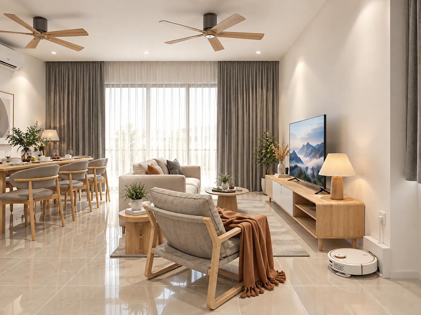 Warm contemporary living and dining room